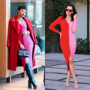 STAUD Rib Knit Colorblock Long Sleeve V-Neck Button Up Cardigan Sweater Dress M‎